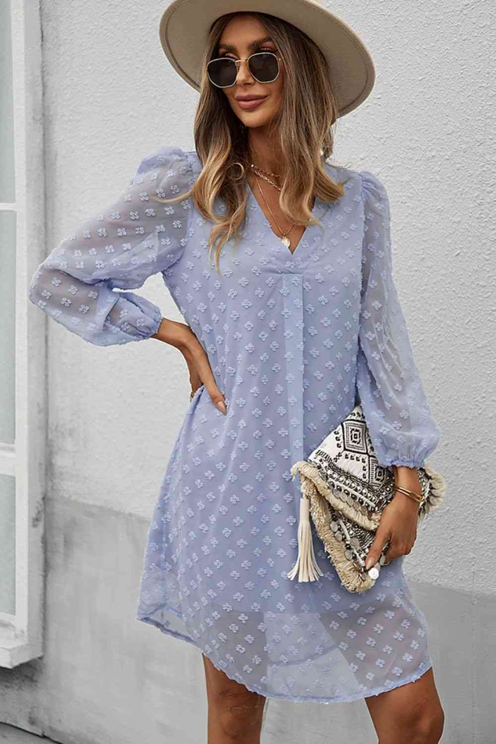 Swiss Dot V-Neck Long Sleeve Dress