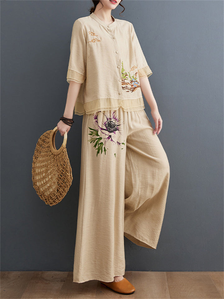 Floral Embroidered Shirt + Wide Leg Pants Female Two Piece Set