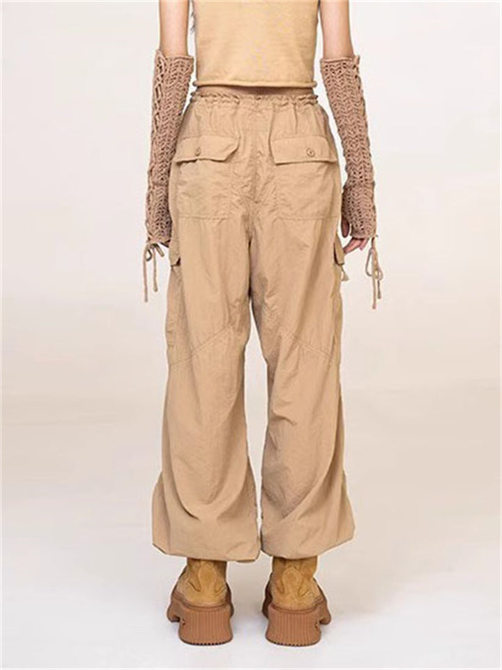 Loose Drawstring Waist Straight-Leg Cargo Pants for Female