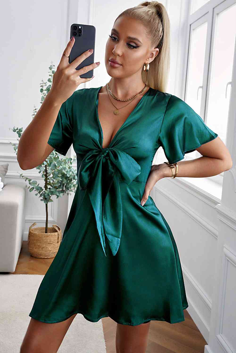 Tie Front Plunge Flutter Sleeve Mini Dress