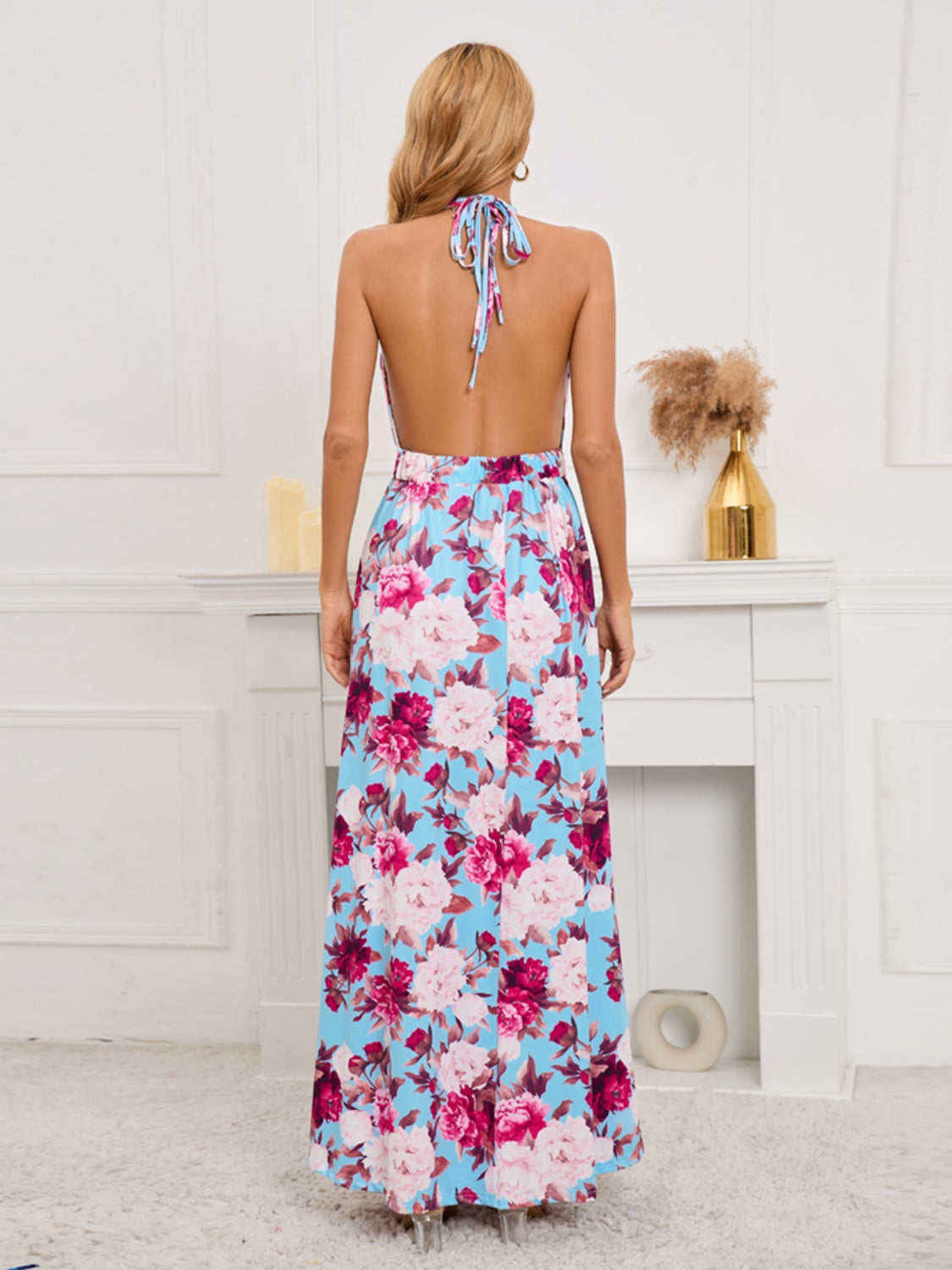 Ivyshape | Slit Backless Printed Halter Neck Dress