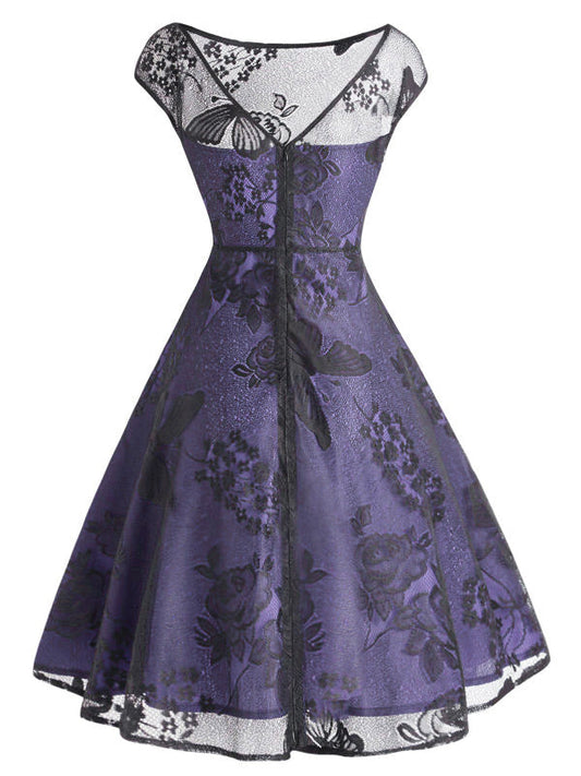 Purple Mesh Floral Swing Dress