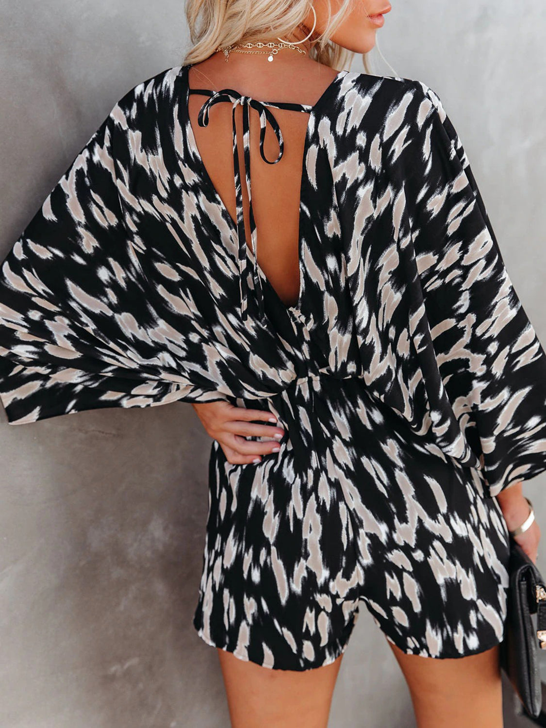 Ivyshape | Tied Printed Kimono Sleeve Romper