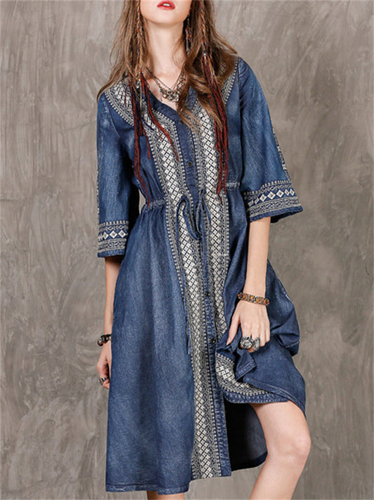 Retro V Neck Half Sleeve Embroidery Female Denim Dress