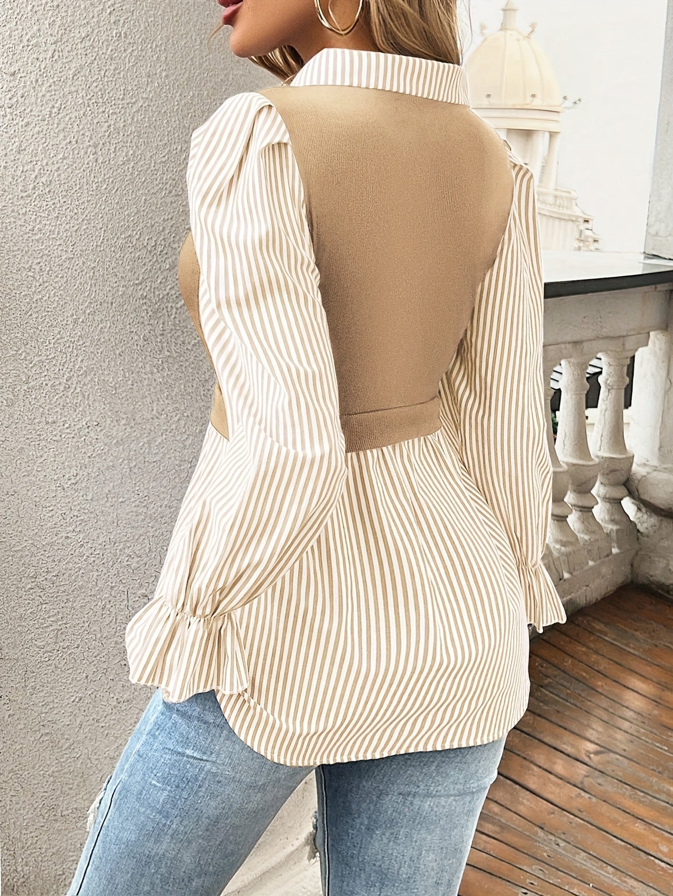 Ivyshape | Striped Color Block Blouse with Button Front for Women