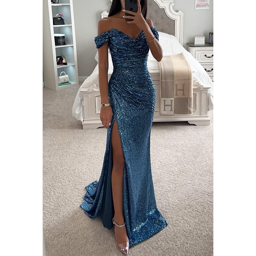 Ivyshape | Evening dress women off-shoulder glitter maxi dress with slit for wedding & fest