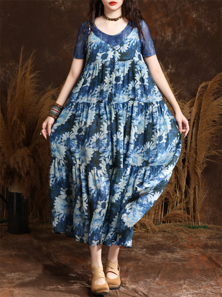 French Style Daisy Print Blue Midi Dress