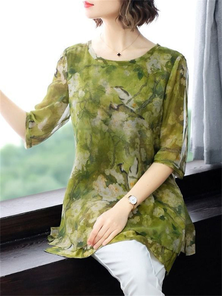 O-neck Floral Loose Chiffon Shirts