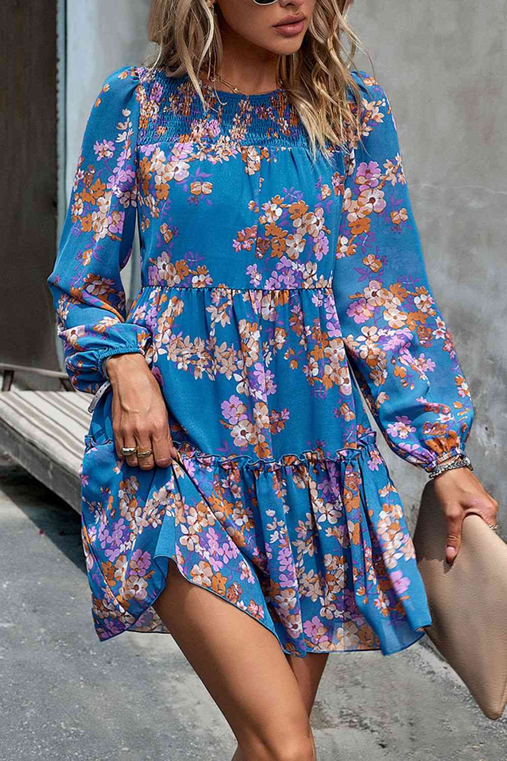 Smocked Floral Print Long Sleeve Mini Dress