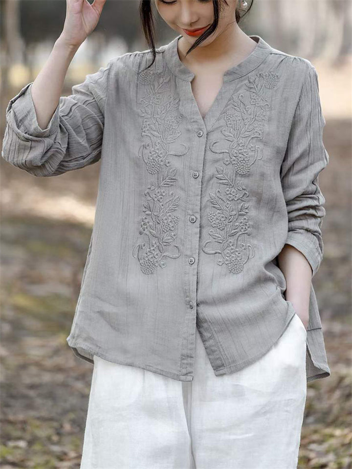 V-Neck Button Up Long Sleeve Embroidery Linen Shirt for Women