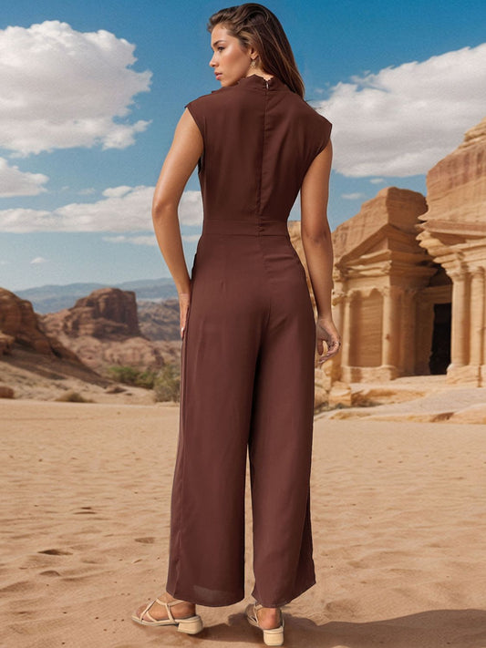 Ivyshape | Ruched Mock Neck Sleeveless Jumpsuit