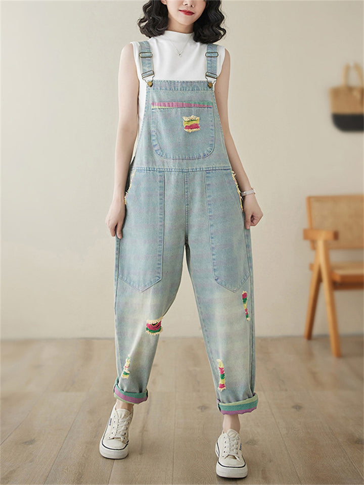 Cute Colorful Ripped Oversized Denim Jumpsuit for Women