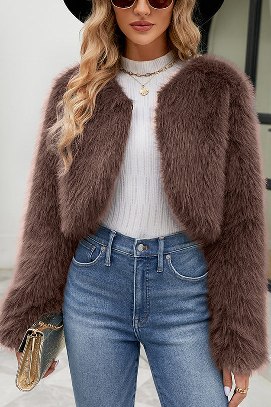 Ivyshape | Long Sleeve Short Casual Faux Fur Jacket