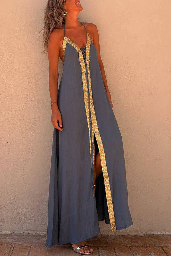 Ivyshape | Women's Gold Accent Long Gown Slit