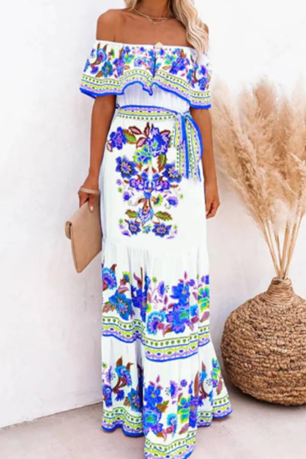 Ivyshape | Shoulder Printed Long Swing Dress