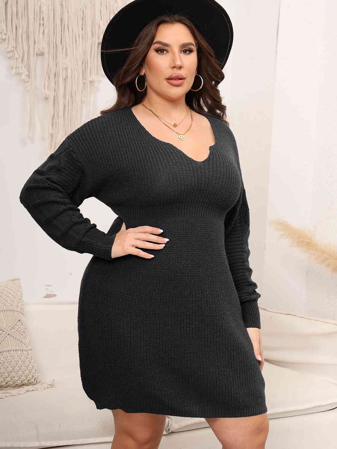 Plus Size Dropped Shoulder Long Sleeve Knit Mini Dress