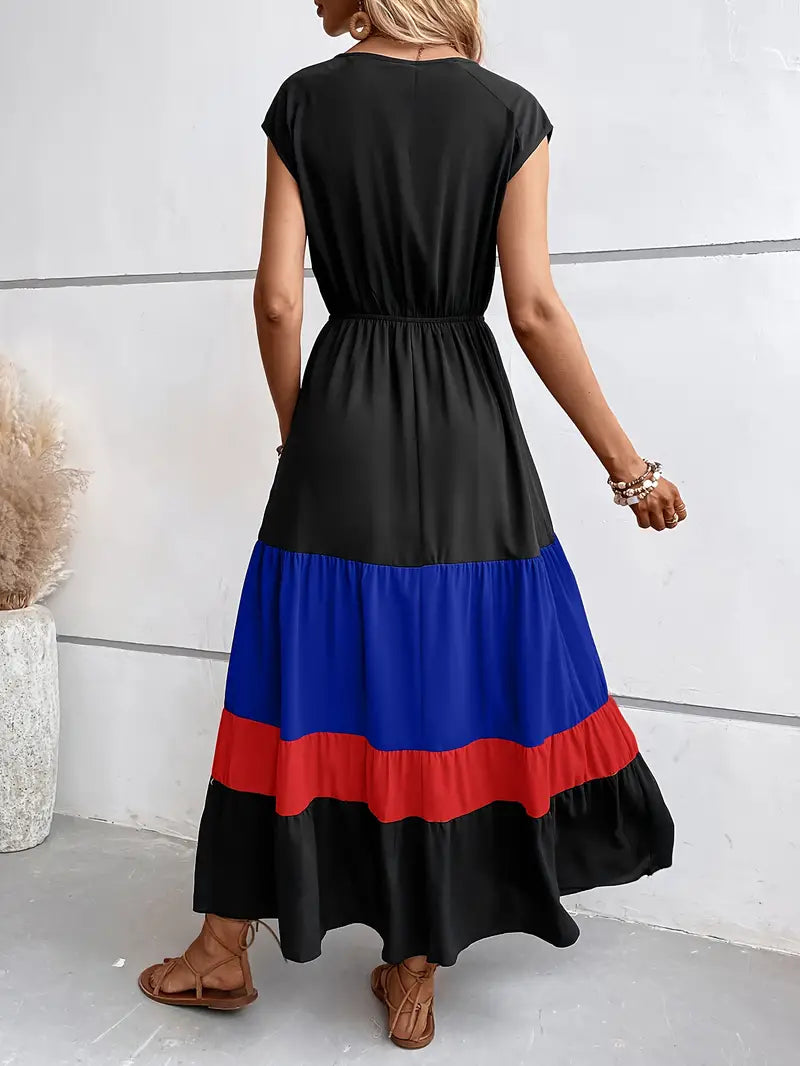 Ivyshape | Pleated Dress with Color Block