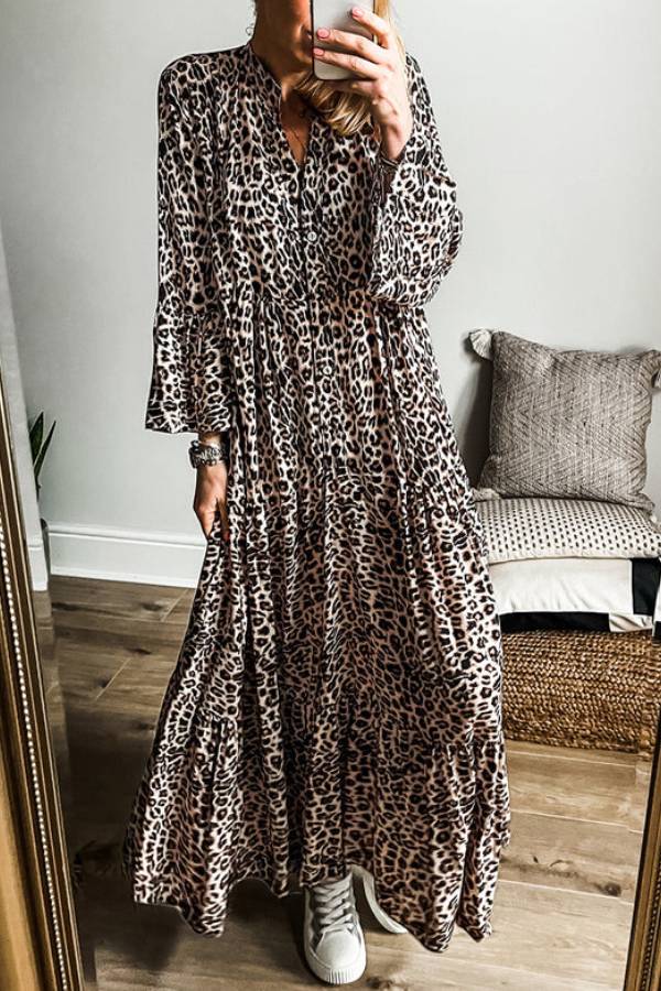 Ivyshape | Leopard Print Tiered Wide Sleeve Maxi Dress