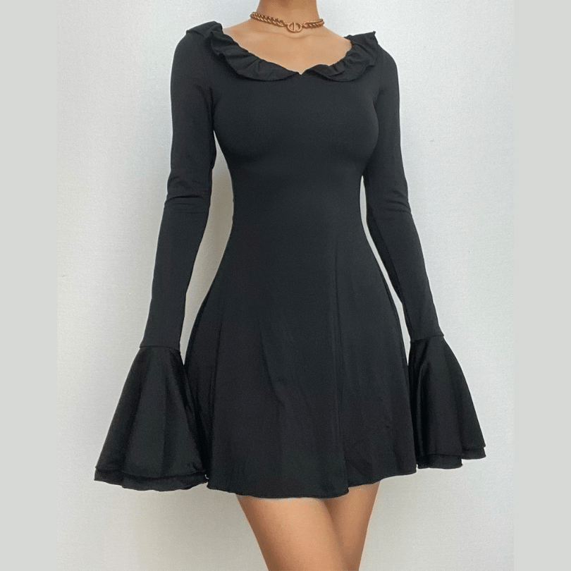 Ruffle long flared sleeve round neck solid mini dress