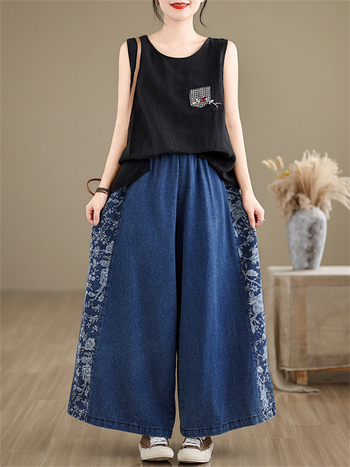 Women's Plants Flower Print Patchwork Wide Leg Jeans