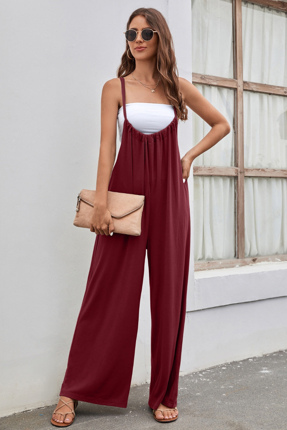 Ivyshape | Tied Spaghetti Strap Wide Leg Jumpsuit