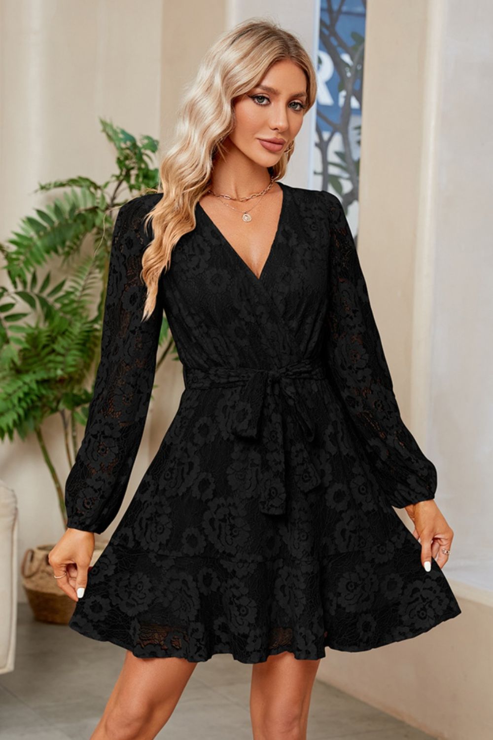 Ivyshape | Surplice Lace Long Sleeve Mini Dress