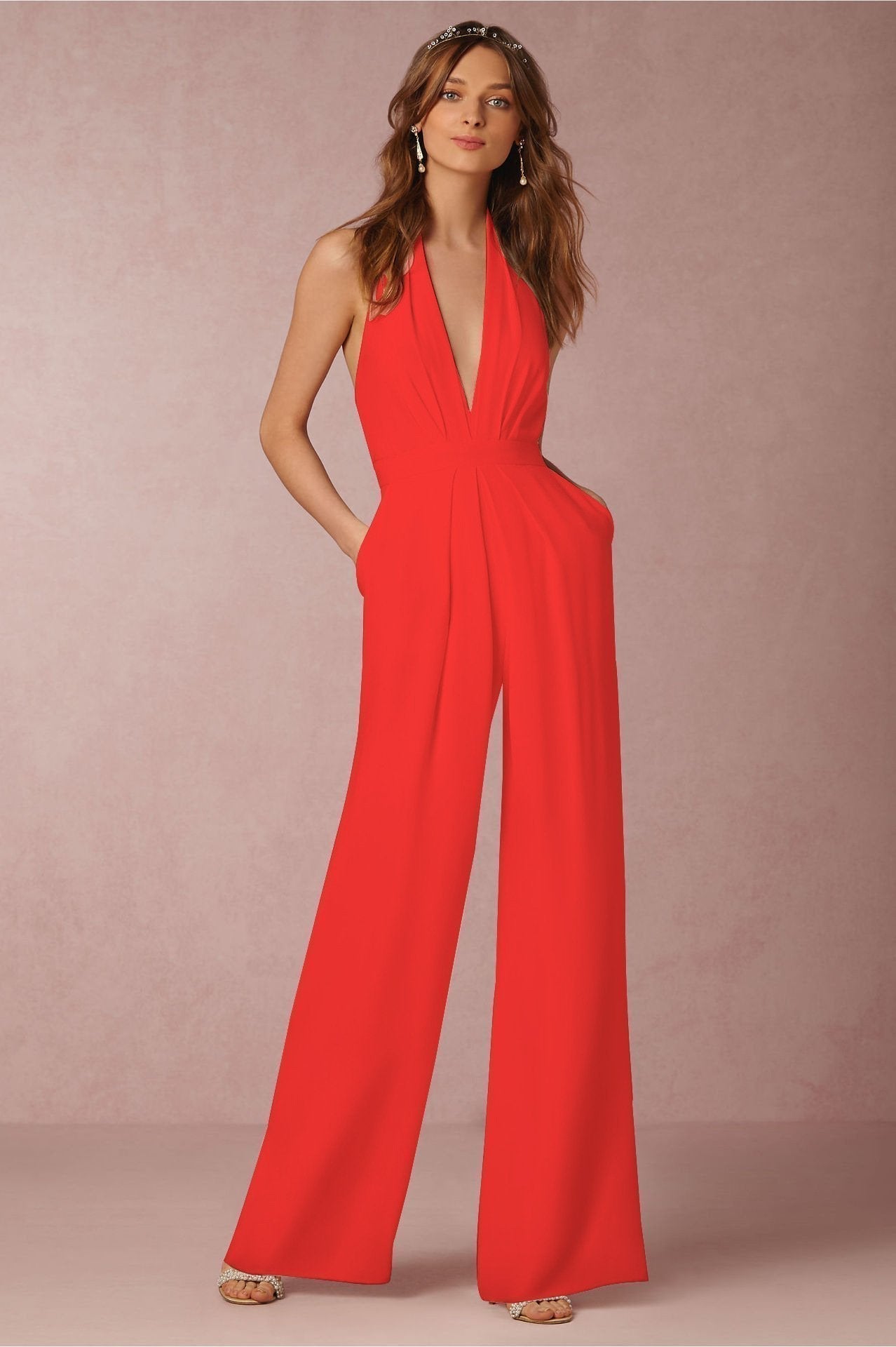 Color Halter Wide Leg Pants Jumpsuit