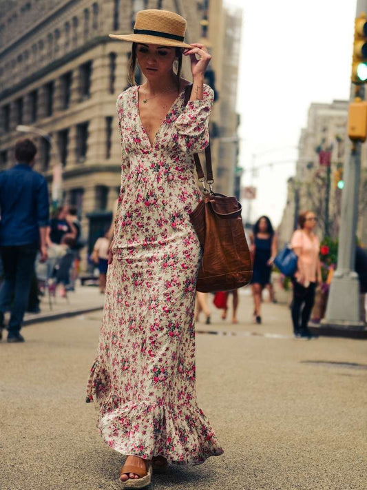 neck Floral-Print Bohemia Maxi Dress