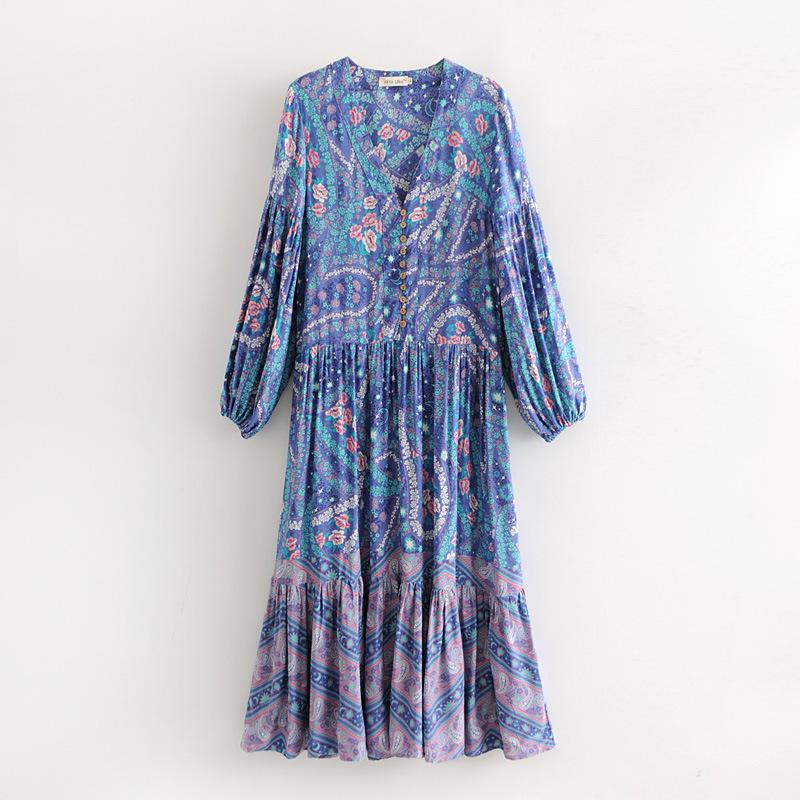 Floral Long Sleeve V-neck Button Maxi Loose Dress