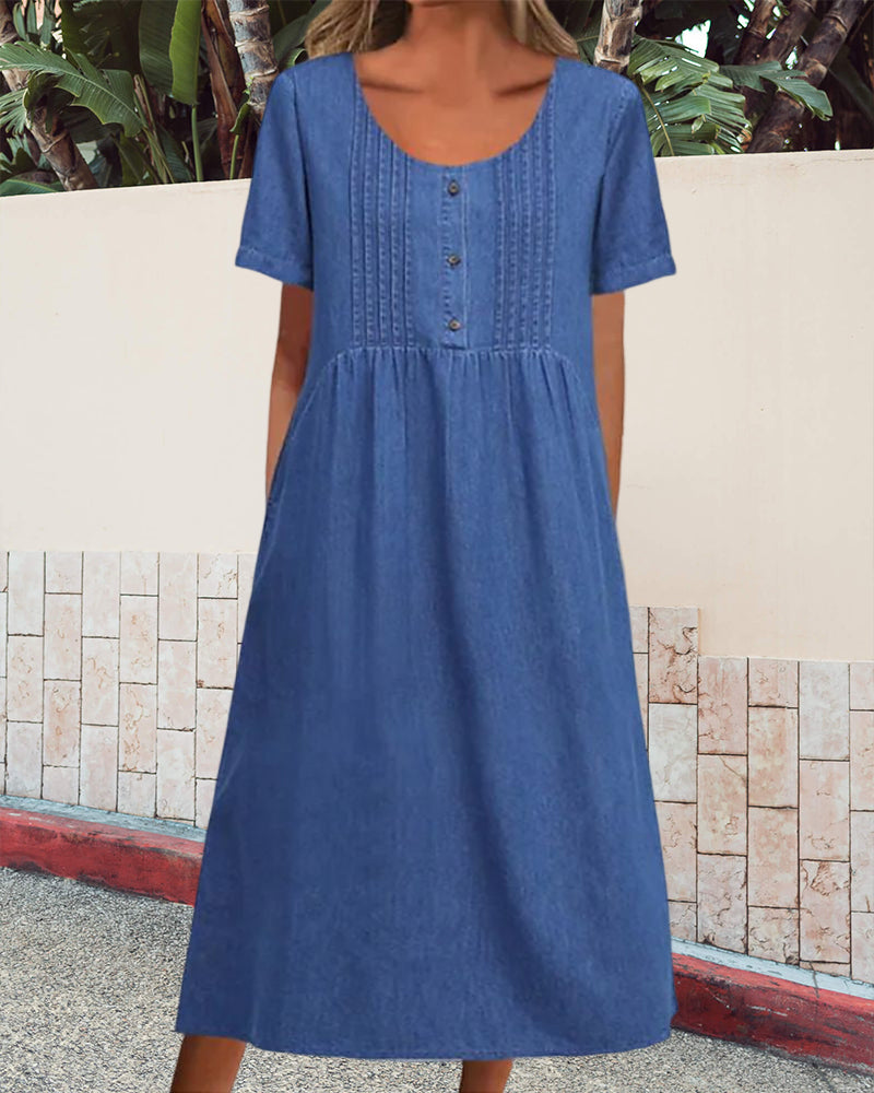 Summer Denim Midi Dress with Short Sleeves | Ideal for Summer