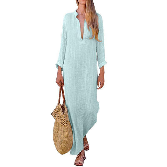 Color V Neck Long Sleeve Casual Maxi Dress