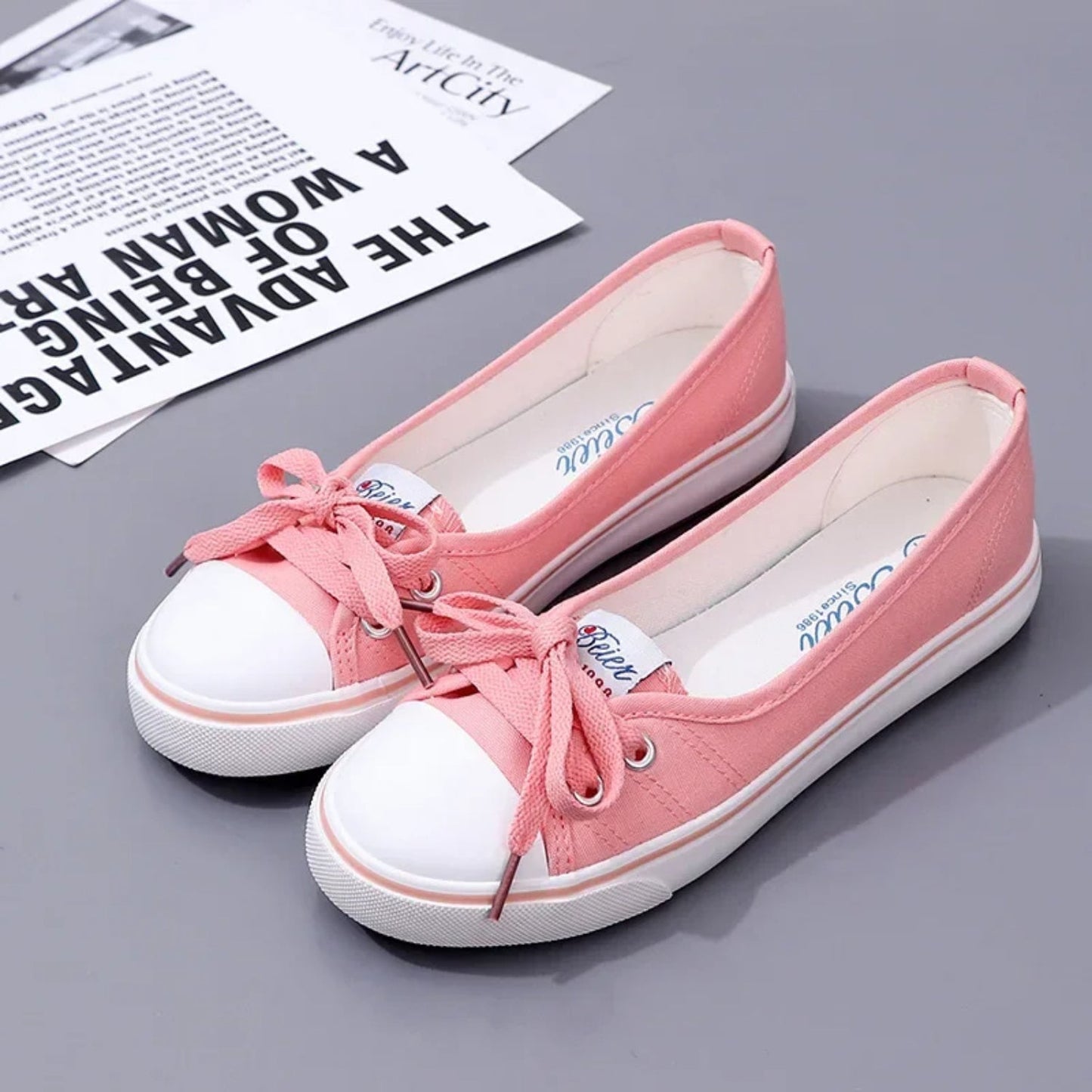Ivyshape | Red Color Bow Lace-Up Canvas Shoes