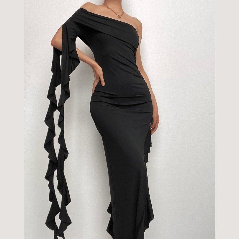 Ruffle solid one shoulder irregular backless maxi dress