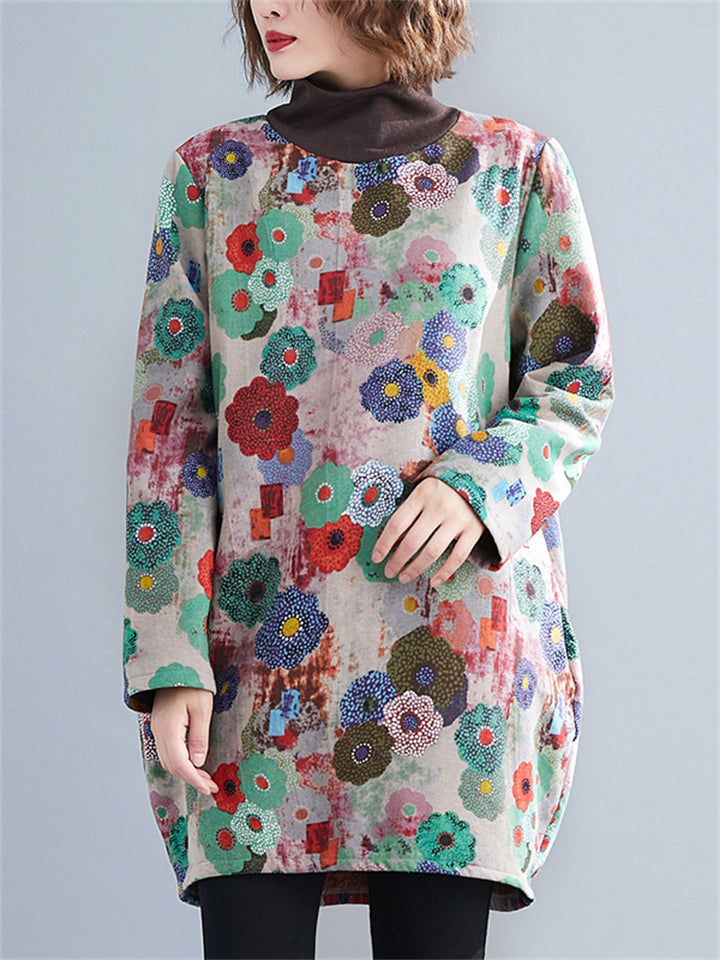 Colorful Flower High Neck Plush Liner Winter Dress