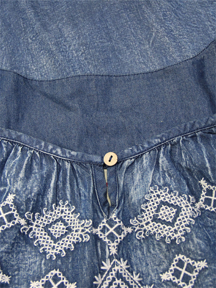 Diamond Embroidery Half Sleeve Ruffle Blue Denim Dress