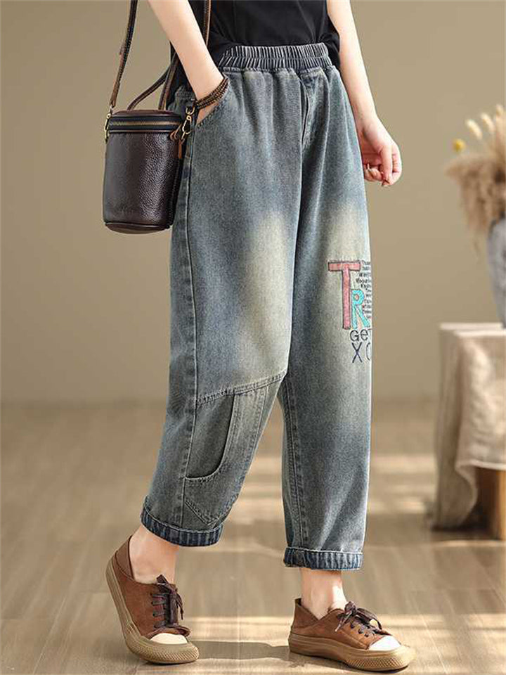 Women's Elastic Waist TR Patch Letter Embroidered Jeans