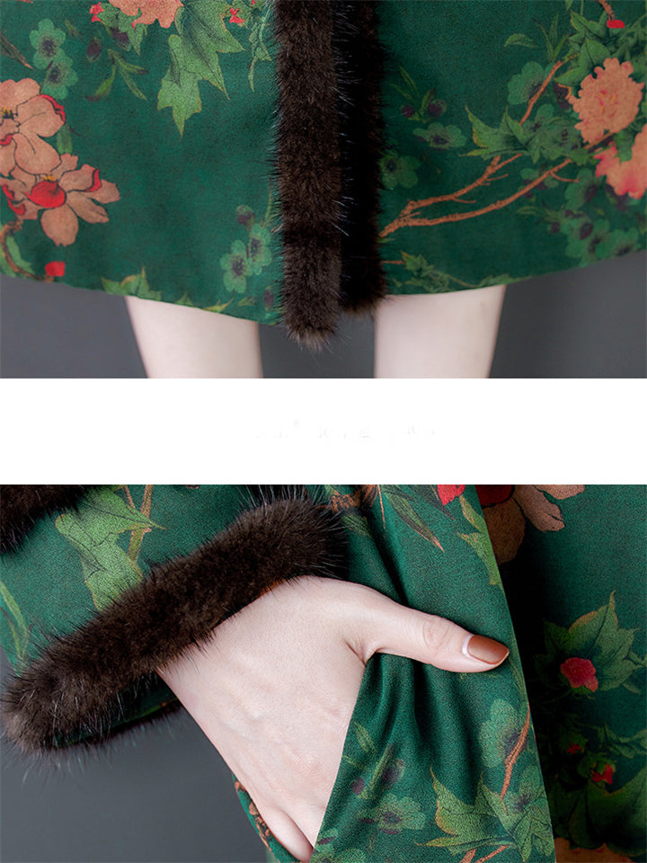 Luxury Faux Fur Stand Collar Button Flower Print Long Coat