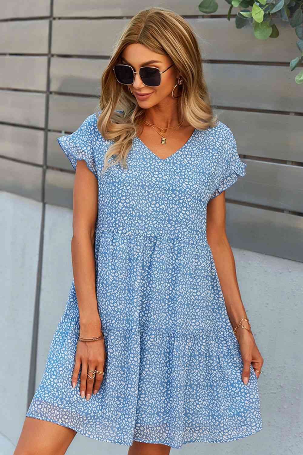 Printed V-Neck Short Sleeve Tiered Dress