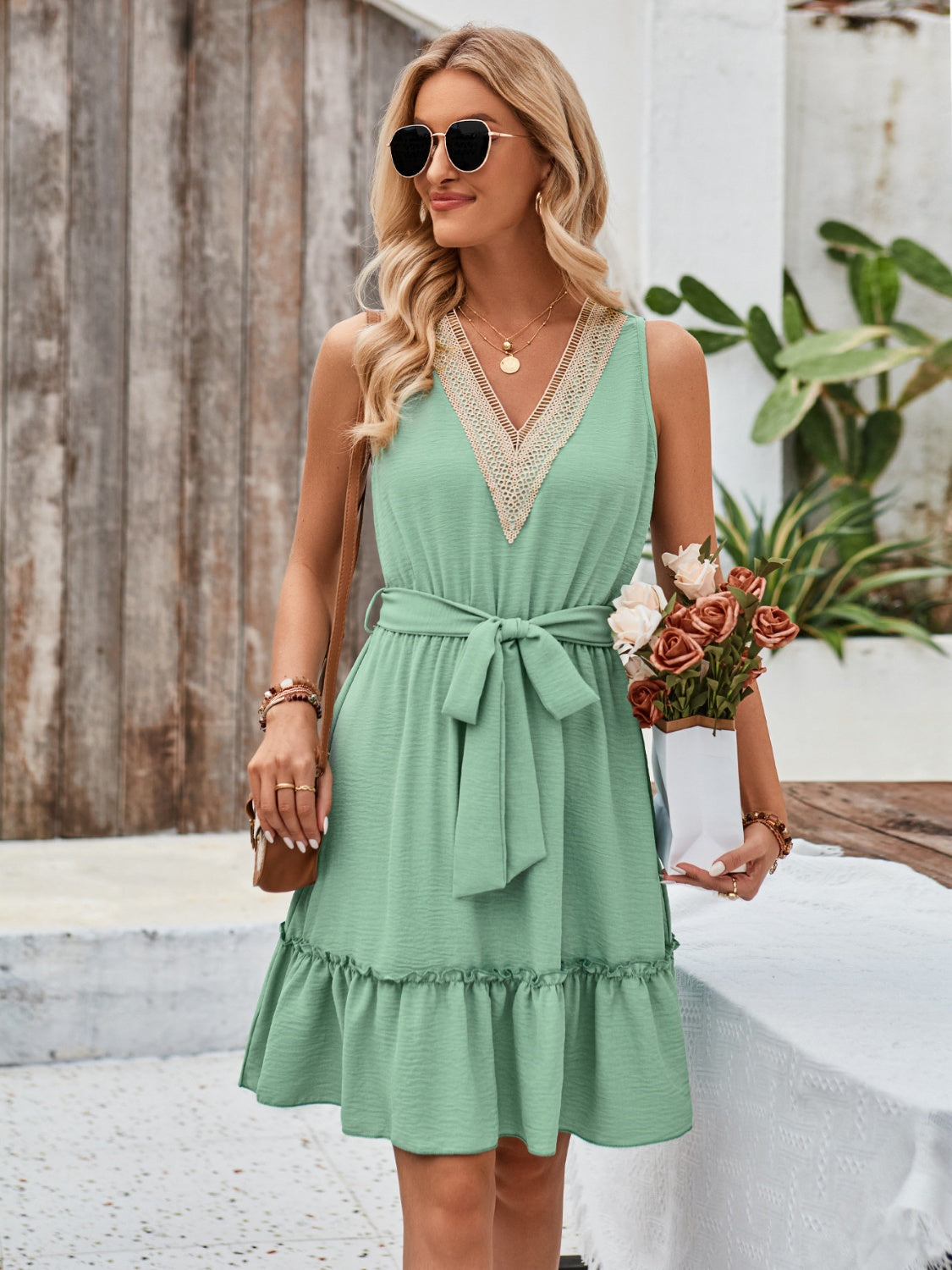 Ivyshape | Tied Frill Sleeveless Mini Dress