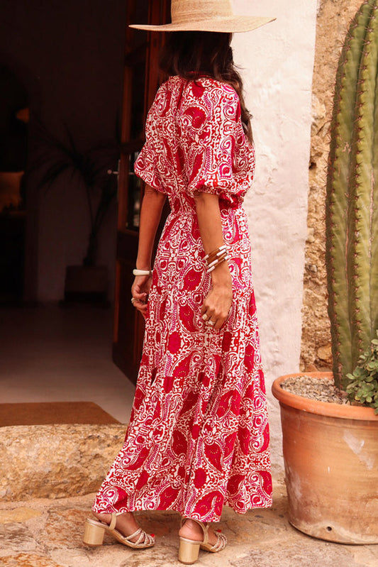 Ivyshape | Paisley Print Side Slit Puff Sleeve High Waist Maxi Dress