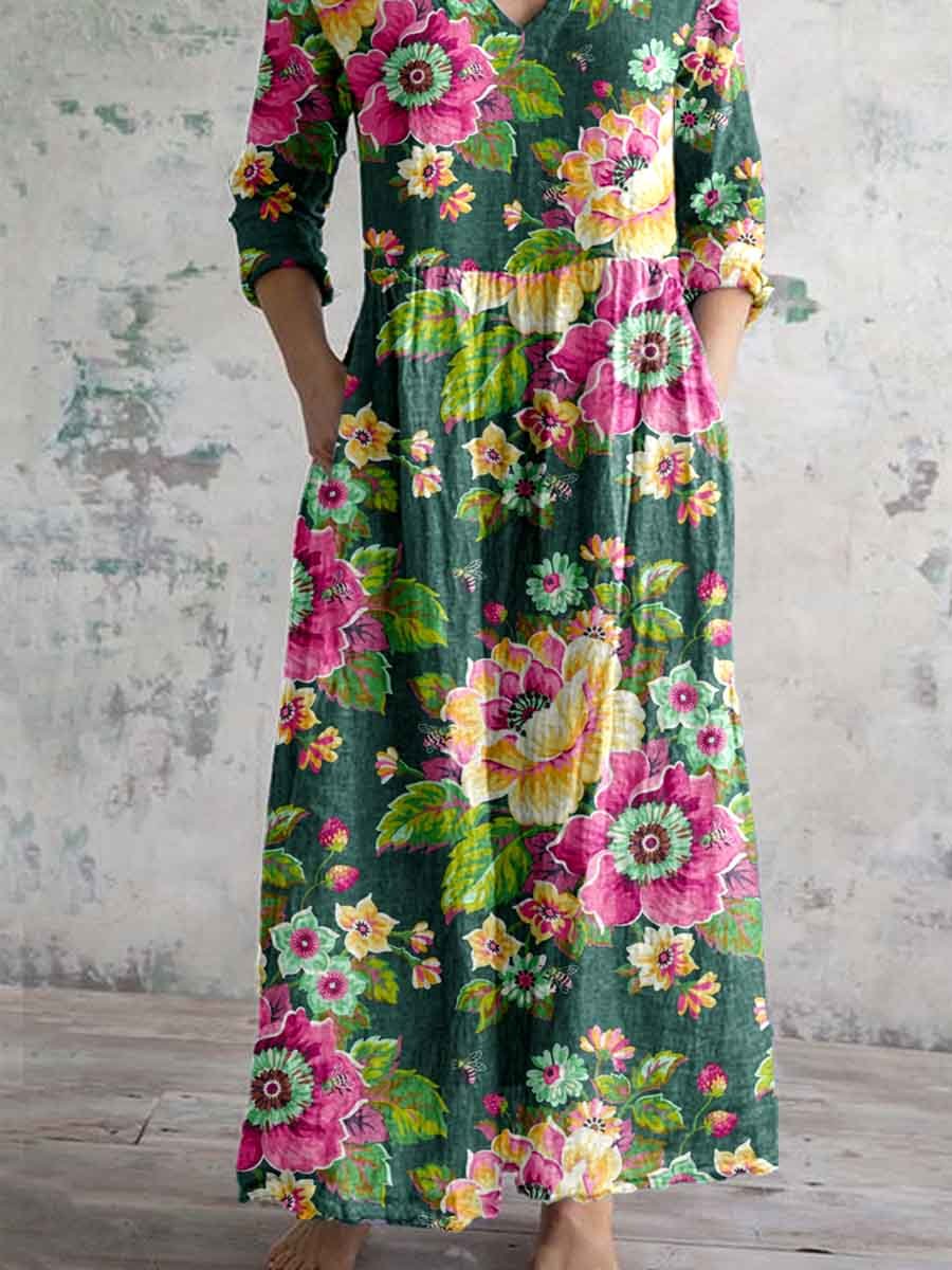 Ivyshape | Women's Vintage Elegant Floral Pattern Cotton and Linen Dress with Pockets