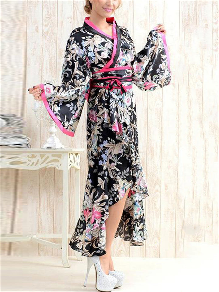 Women's Sweet V Neck Wide Sleeve Ruffled Hem Floral Kimono