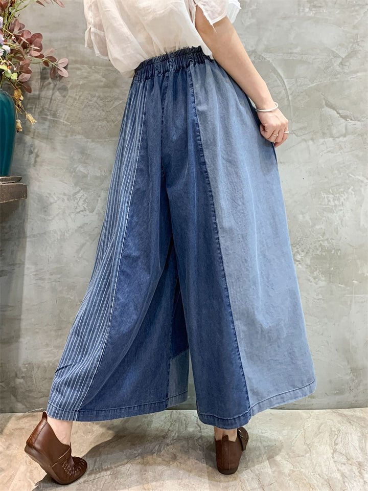 Stylish Plaid Patchwork Drawstring Wide-Leg Jeans