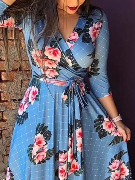 Sleeve Floral V Neck Slim Waist Maxi Dress with Belt