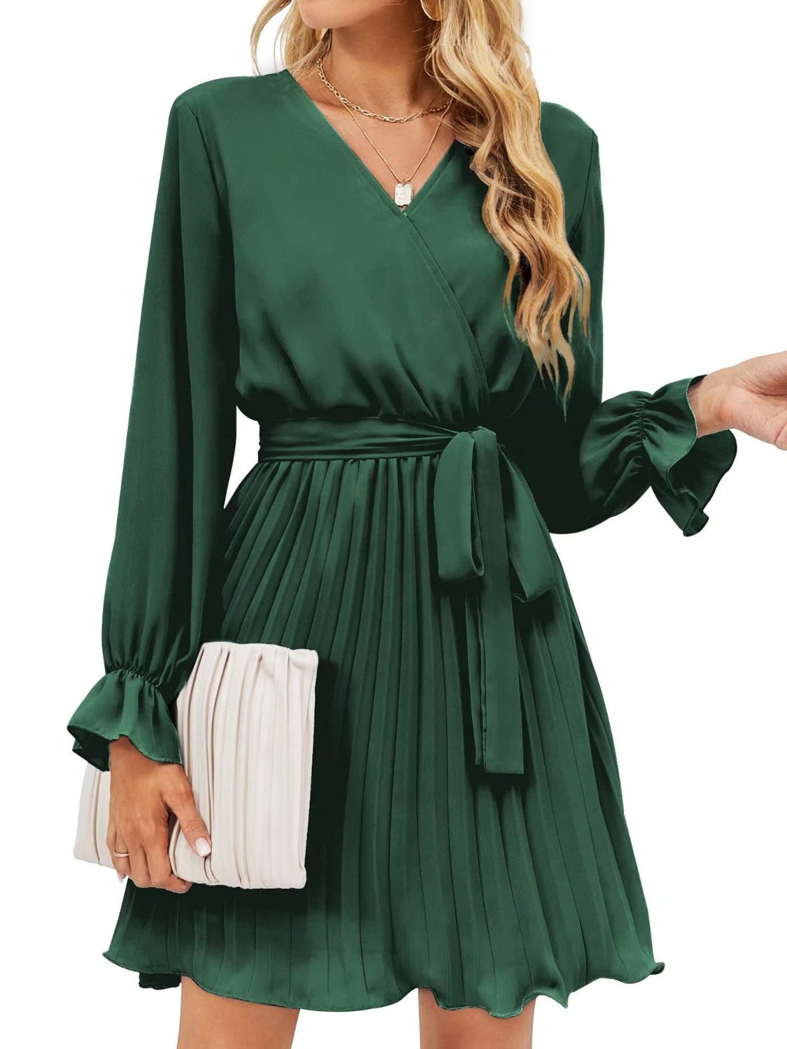 Ivyshape | Surplice Flounce Sleeve Pleated Mini Dress