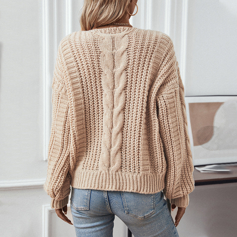 Ivyshape | Knitted V-Neck Sweater with Puff Sleeves for Women