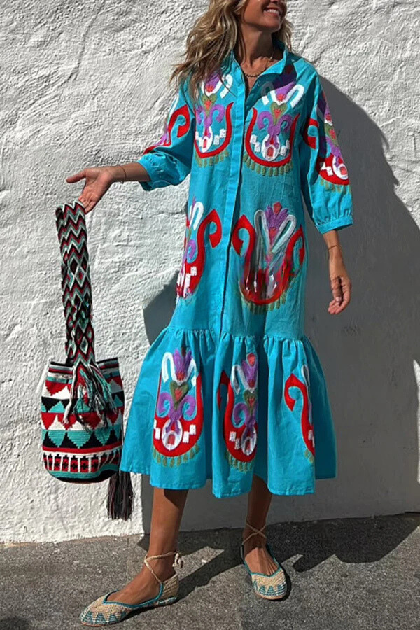 Ivyshape | Me To Cabo Ethnic Unique Print Button Loose Shirt Midi Dress