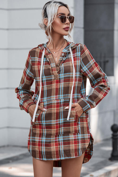 Plaid Drawstring Long Sleeve Hooded Dress with Pocket