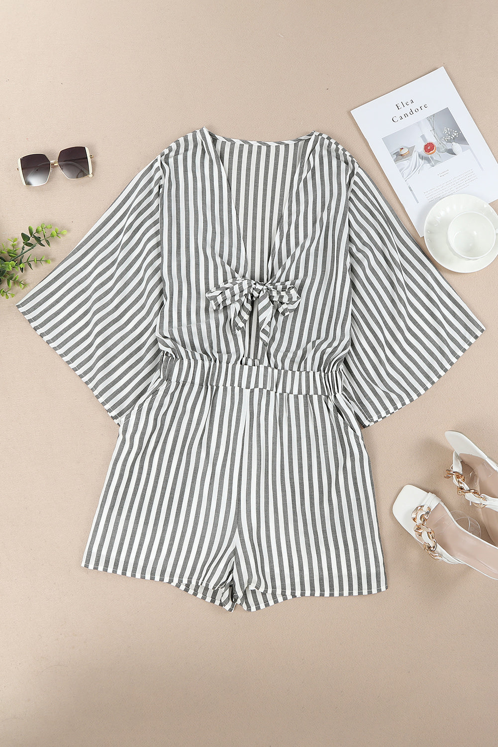 Ivyshape | Tied Striped Three-Quarter Sleeve Romper