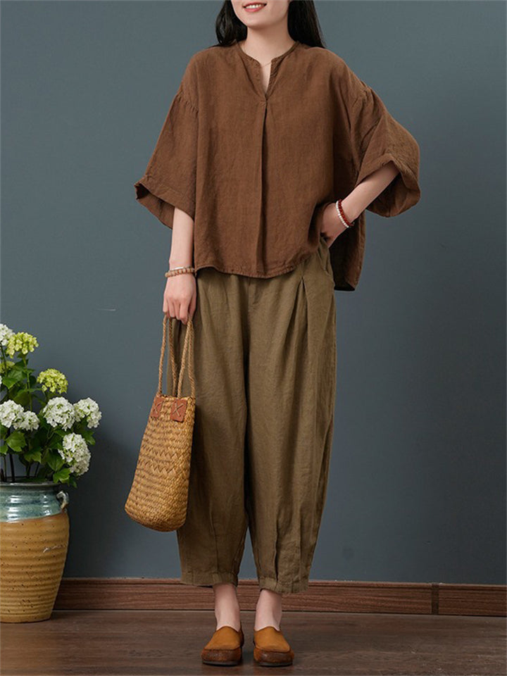 Female Cozy Linen V Neck Short Sleeve Shirt + Casual Pants Outfits